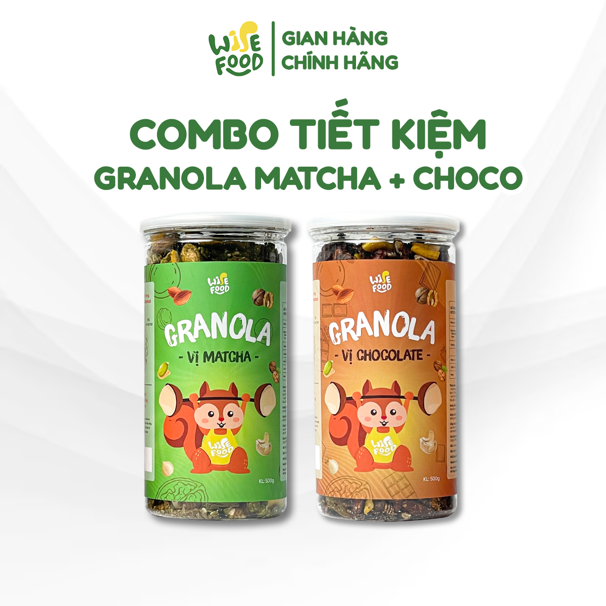 Combo granola vị matcha và chocolate wise food 500g 10% yến mạch sấy giòn, ngũ cốc dinh dưỡng hỗ trợ giảm cân