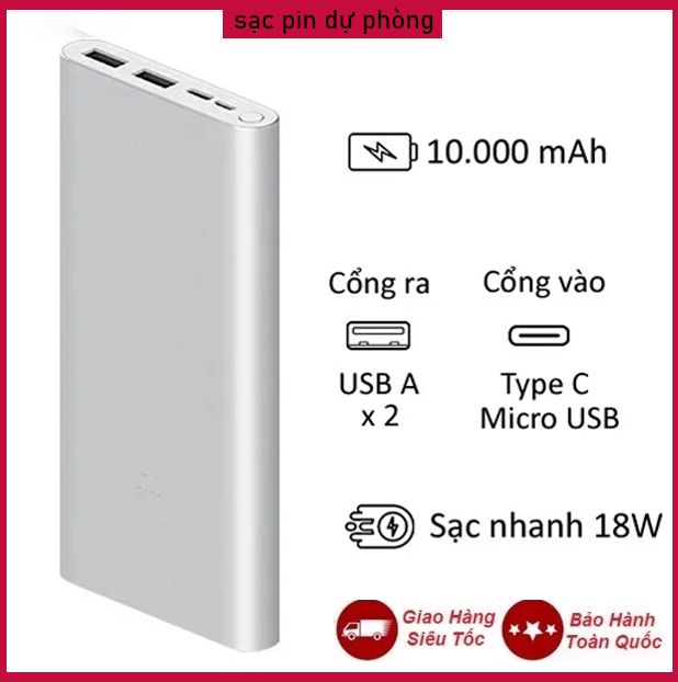 Xiaomi Gen 3 sạc pin dự phòng 10000mAh cổng USB 18W Sạc Nhanh vỏ kim loại sang trọng Nhỏ Gọn Bền Bỉ Tiện Lợi Cáp Usb, Đầu Chuyển Type-C Bảo hành 12 tháng