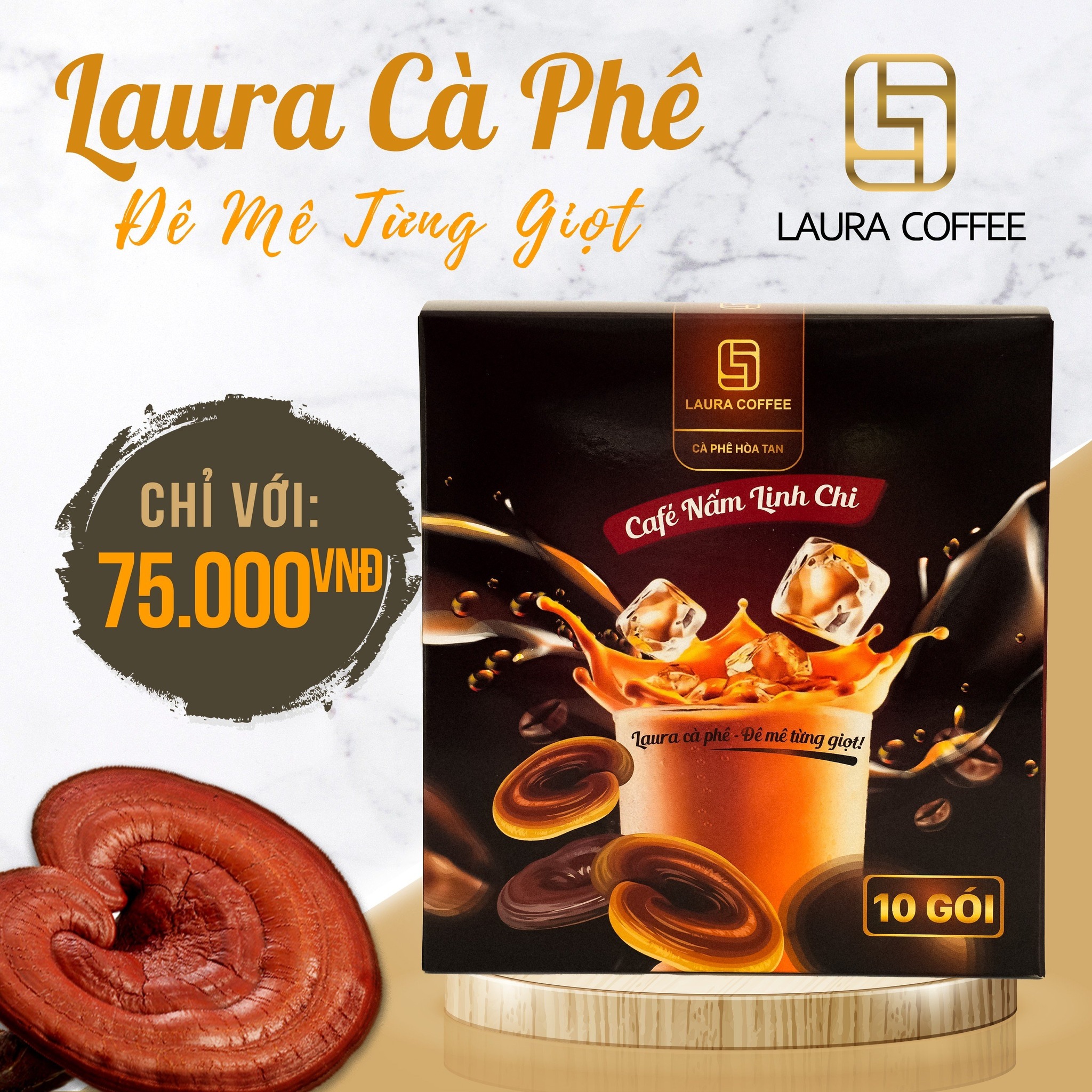 Cà Phê Nấm Linh Chi Laura Coffee (Hộp 10 gói x 18g) - Laura Sunshine Nhật Kim Anh Chính Hãng