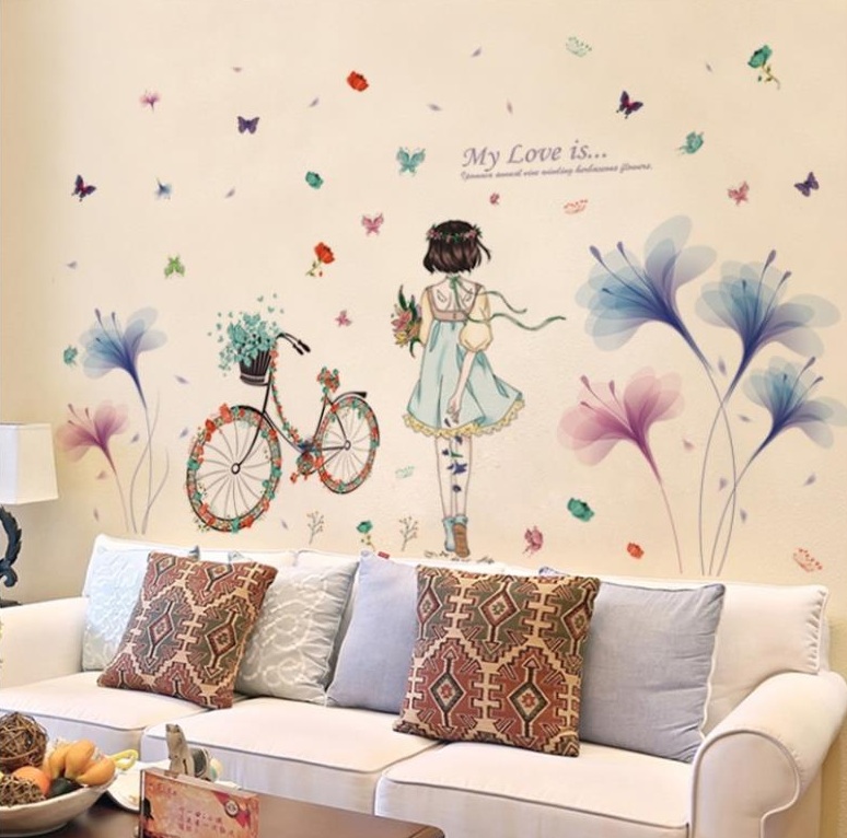 Decal dán tường Cô gái váy xanh và hoa cánh mỏng xanh