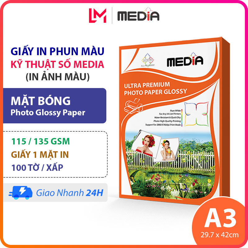 Giấy In Ảnh Media A3 Bóng 1 Mặt In 115/135gsm 100 Tờ, Giấy Ảnh Glossy Photo Paper 30x42, Giấy In Phun Màu A4