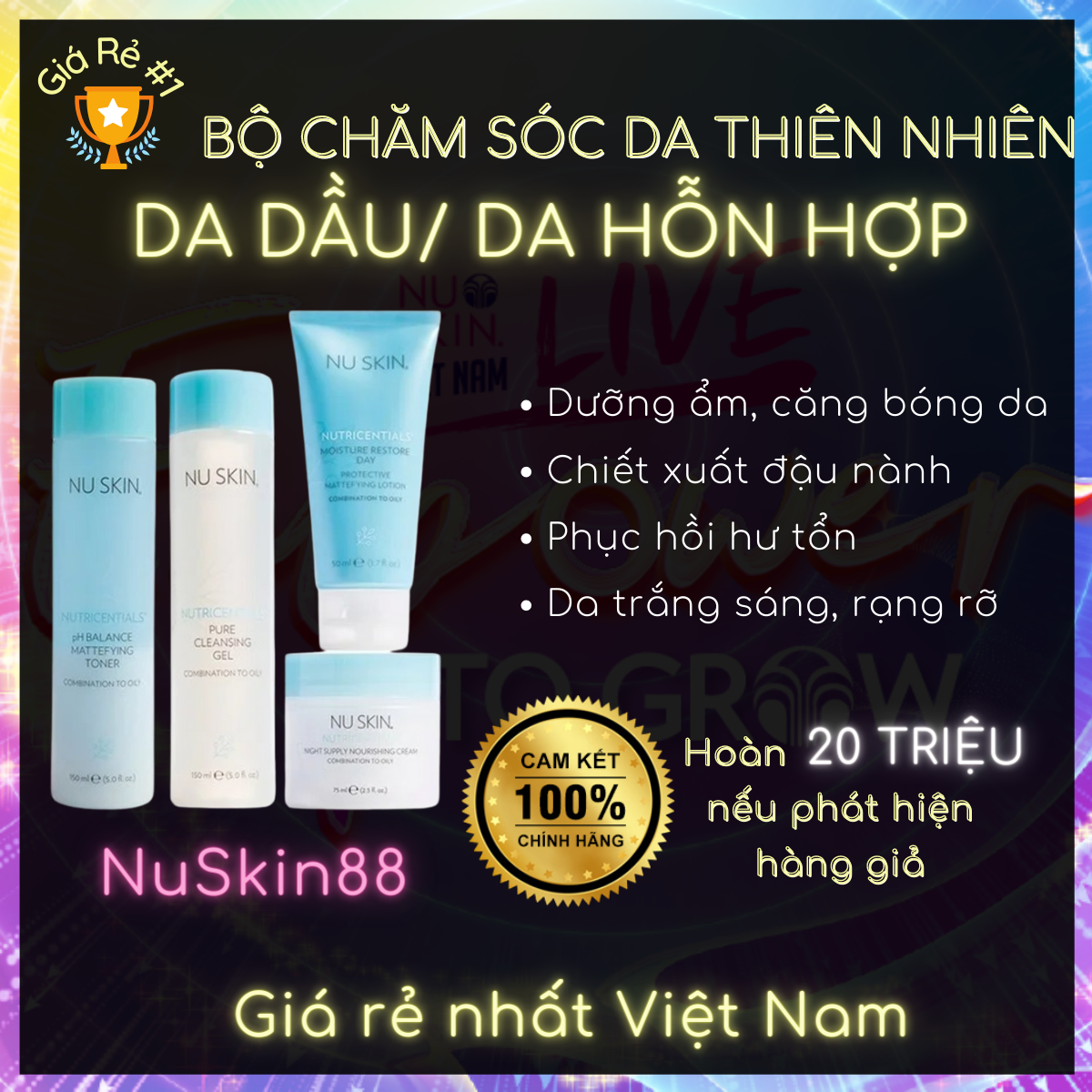 Bộ 4 Chăm Sóc Da Thiên Nhiên Nutricentials Dành Cho Da Dầu - Da Hỗn Hợp - Cấp ẩm ngăn tiết dầu thừa - Dưỡng trắng từ sâu bên trong - Nuskin - Nuskin 88 - Mỹ phẩm Nuskin - Ageloc Lumispa Boost - Nuskin chính hãng