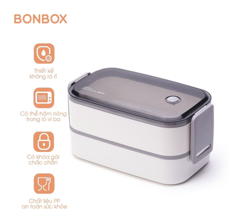 Hộp cơm văn phòng 2 tầng tặng kèm muỗng nĩa BONBOX BTW40 nhiều ngăn tiện