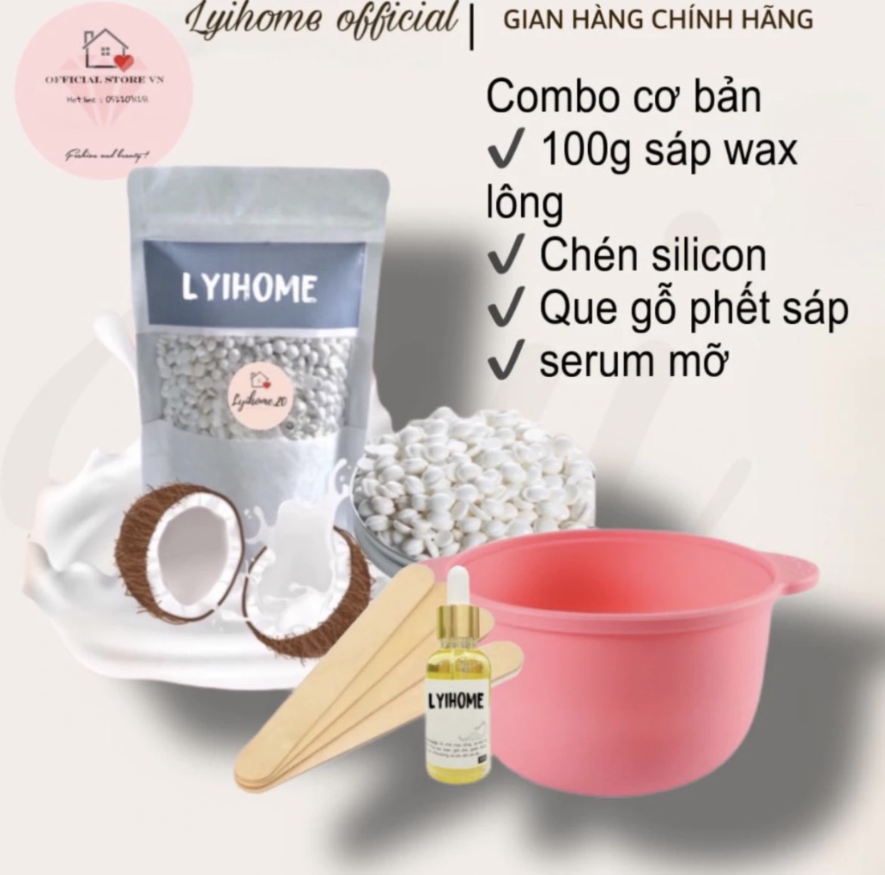 Bộ combo cơ bản sáp wax lông, chén silicon, serum mỡ kèm que gỗ phết sáp wax lông tiệt trùng dễ sử dụng Lyihome.20