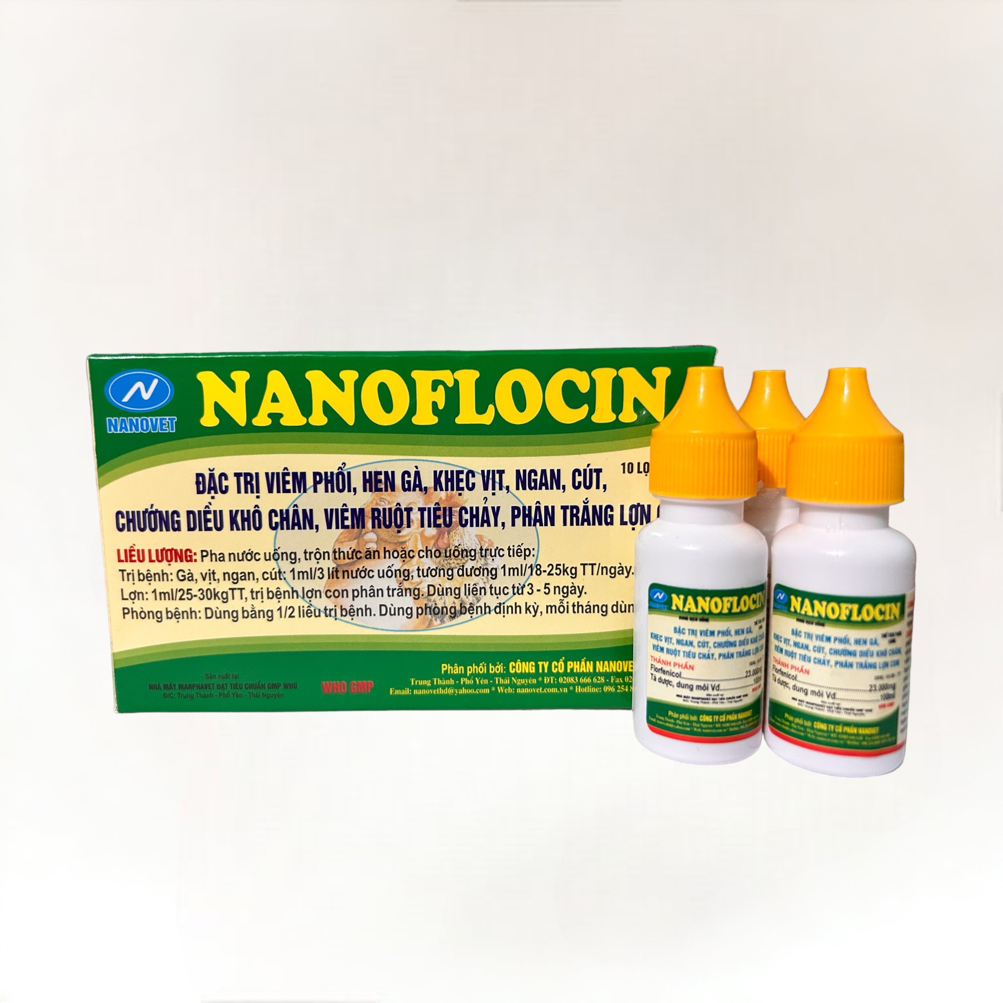 Nanoflocin 10ml x 10 lọ  dứt điểm hen khẹc, viêm phổi, tụ huyết trùng cho gà, vịt