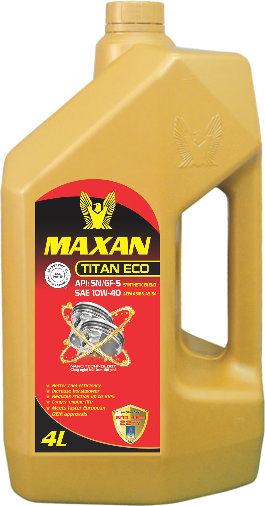 Dầu nhớt động cơ ô tô cao cấp. API: SN/GF5 10W-40. MAXAN TITAN ECO 4 lít - Sản phẩm cao cấp, chất lượng đã được kiểm chứng.