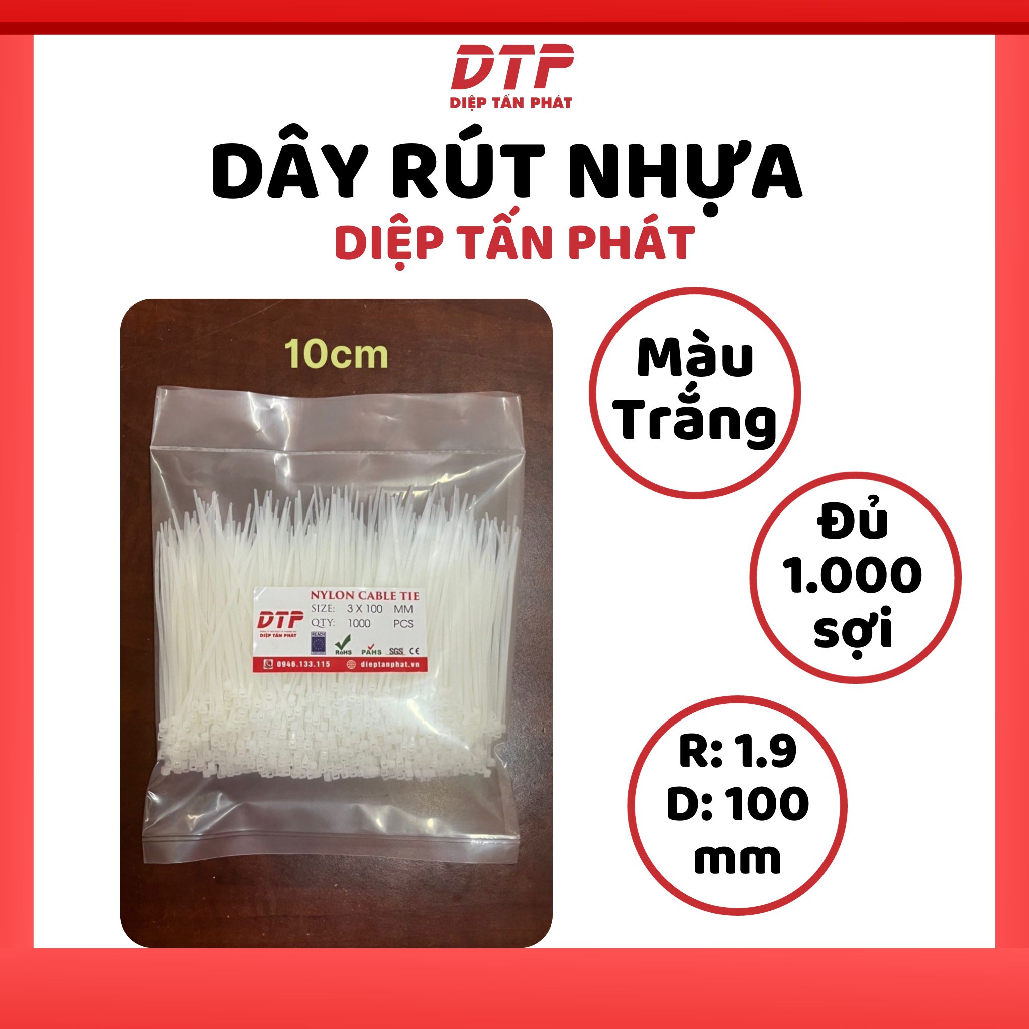 Túi 1000 sợi dây rút nhựa diệp tấn phát: trắng/đen - 1.9x100mm