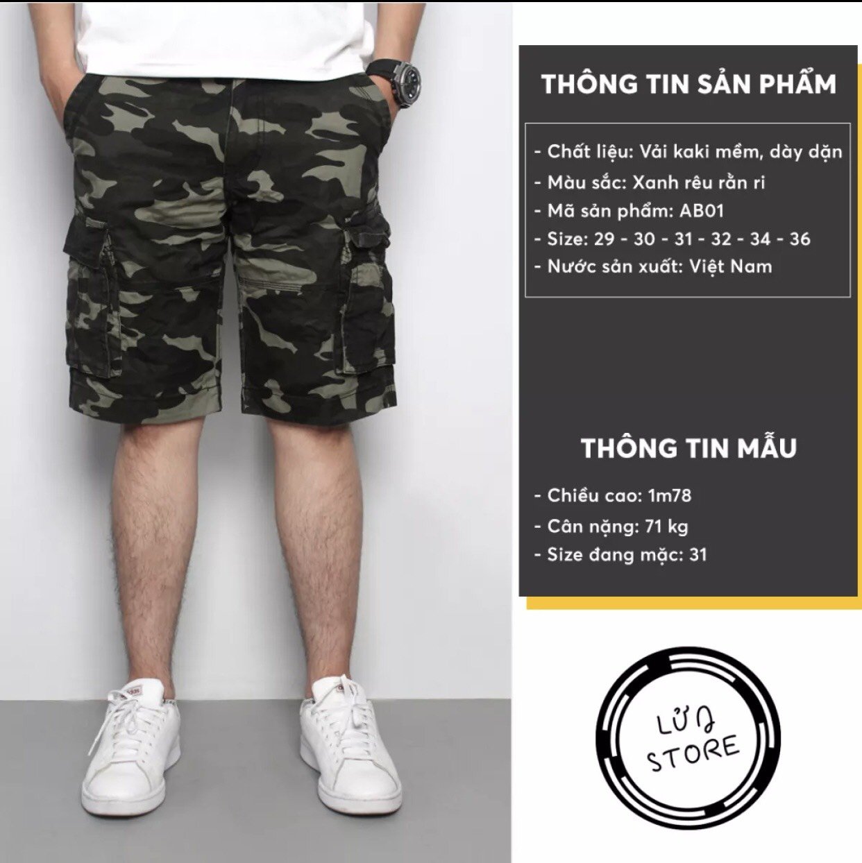 Quần short nam kaki túi hộp LỬNG hoạ tiết lính rằn ri_ USA