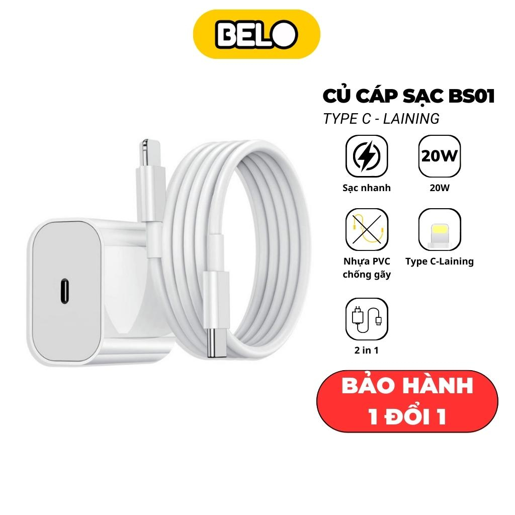 Bộ sạc nhanh Belo BS-01, củ sạc nhanh, cáp sạc nhanh PD 20W dùng cho các đời Ip bảo hành 6 tháng đổi mới