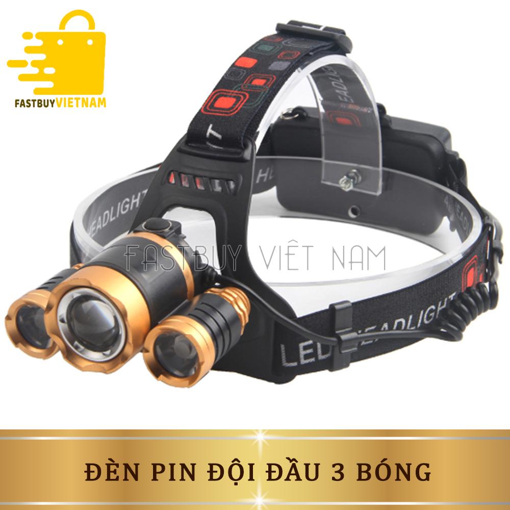 Đèn Pin Đội Đầu Đeo Trán 3 Bóng  Siêu Sáng + Tặng Kèm Pin Sạc , Dây Sạc Chất Liệu Hợp Kim Nhôm Cao Cấp, Nhẹ, Dễ Đeo  Thuận Tiện Cho Việc Di Chuyển