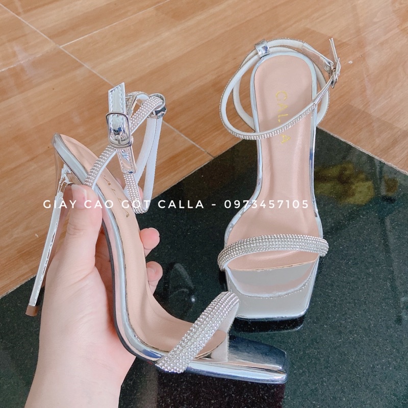 Sandal dây ngang đính đá màu bạc mũi vuông Calla cao 8 9cm, 11 12cm