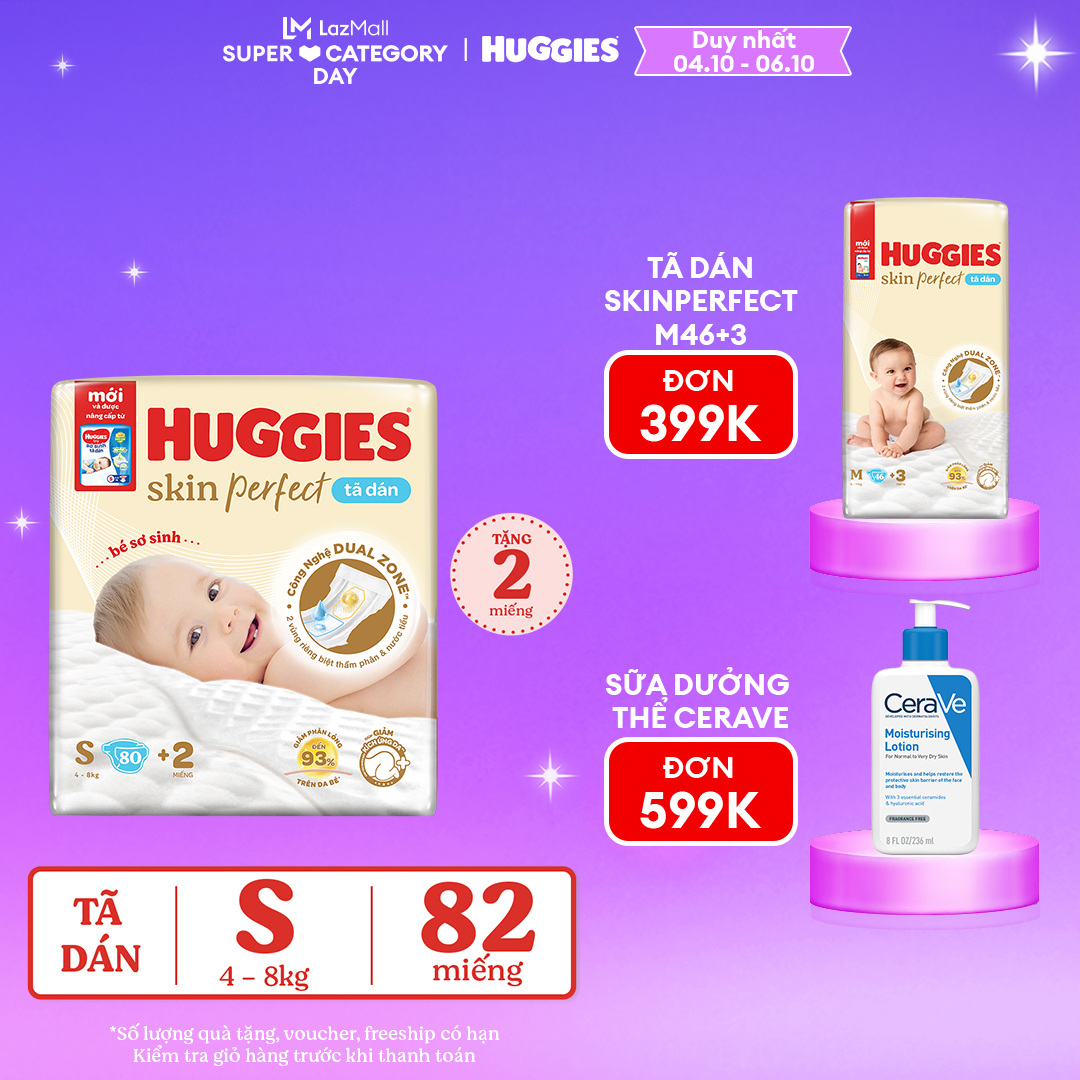 [CHỈ 4.10-6.10 MUA TÃ TẶNG TÃ] [Tặng 2 miếng] Tã/Bỉm dán sơ sinh Huggies Skin Perfect S80 - 80 miếng