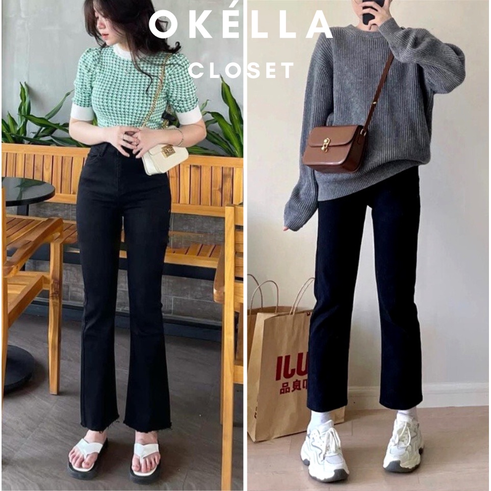 Quần jean nữ cắt gấu dáng lửng co giãn, quần jean ống loe dáng ôm skinny Okélla