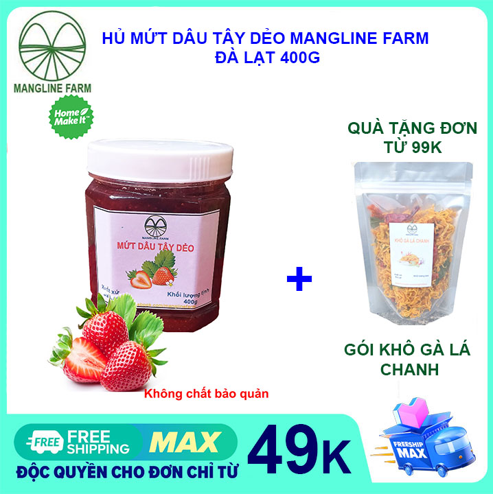 [FREESHIP 15K CHO ĐƠN 29K] Mứt dâu tây dẻo sạch Mangline Farm Đà Lạt sản phẩm nhà làm hủ 400g  Đồ ăn vặt nội địa ăn với bánh mỳ rất ngon, an toàn vệ sinh, Đặc sản Đà Lat