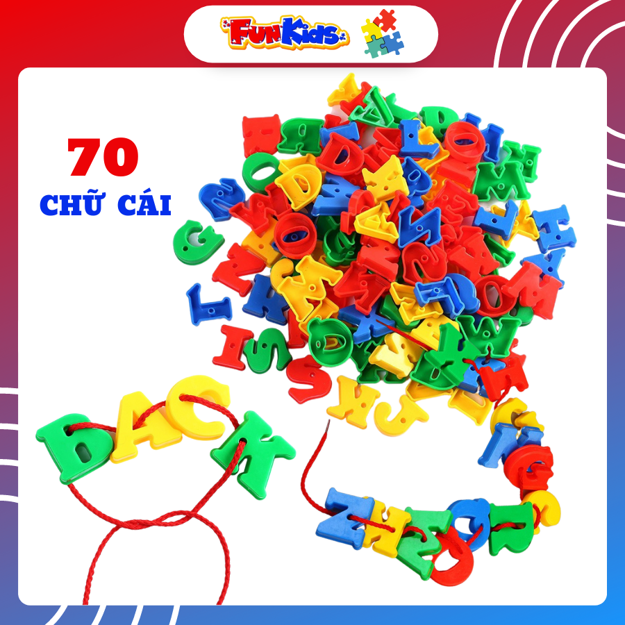 Bộ đồ chơi 70 chữ cái Tiếng Anh kết hợp xâu dây rèn luyện kỹ năng khéo léo, nhận biết và ghép chữ nhiều màu sắc bằng nhựa ABS cao cấp dành cho bé từ 3 tuổi trở lên