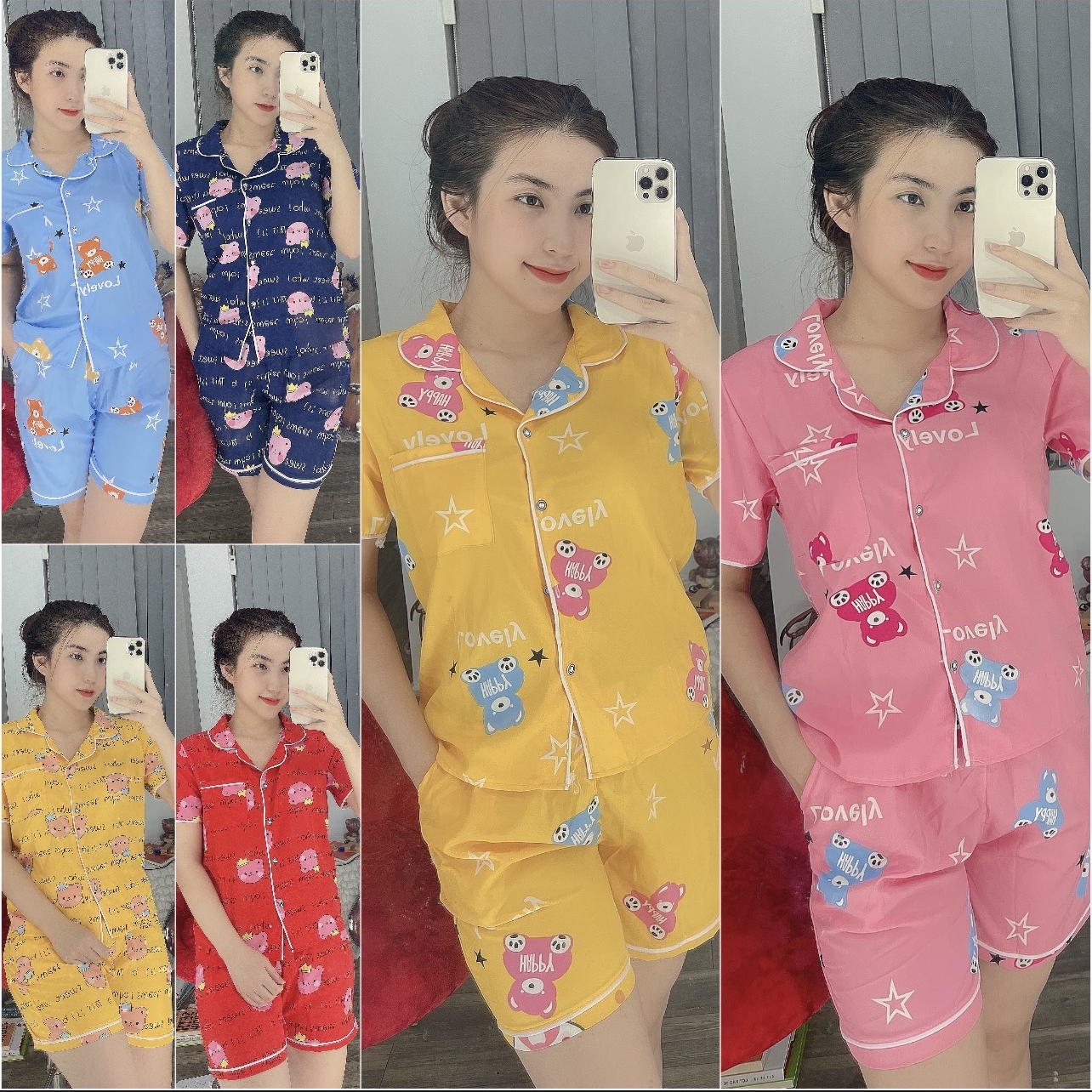 Set đồ bộ nữ ngắn dễ thương - lụa hàn mềm mại mát mịn có túi quần dưới 57kg