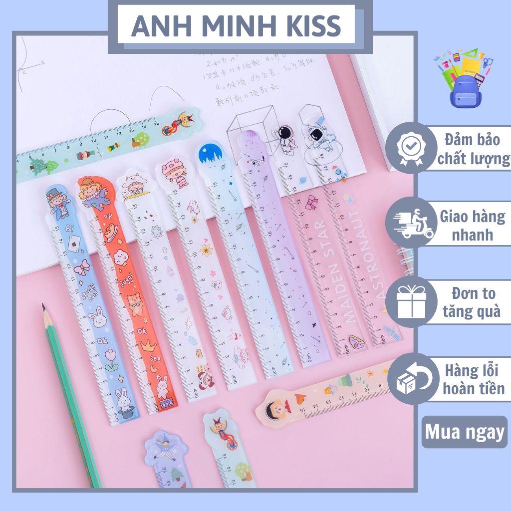 Thước kẻ học sinh 15cm in hình cute nhiều mẫu dễ thương