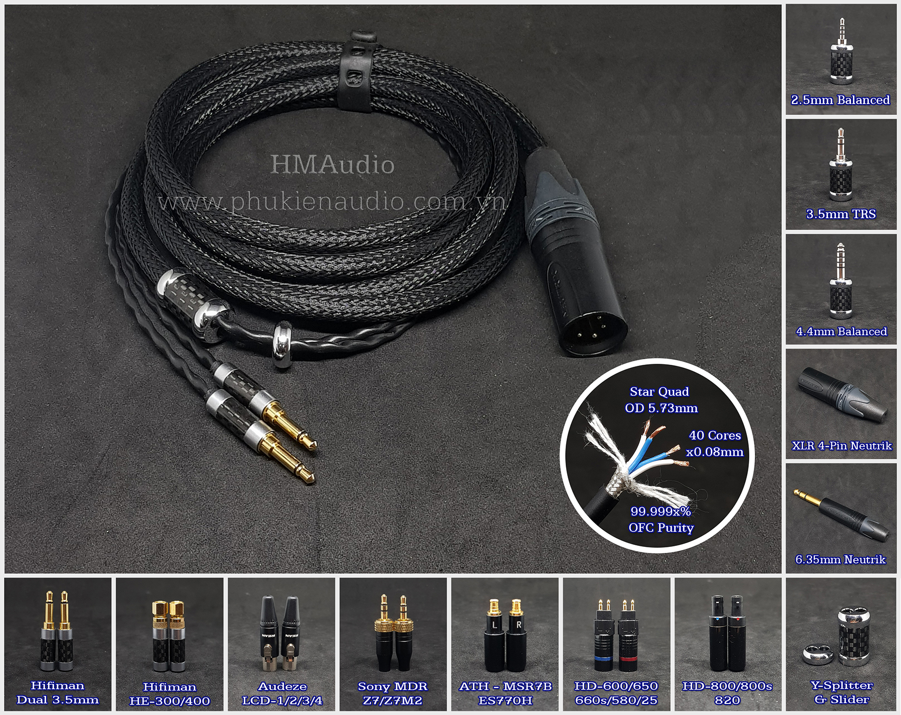 Dây tai nghe đồng OFC bọc chống nhiễu CANARE - Connector Dual mini 3.5mm - Hifiman Ananda Arya Susvara Sundara