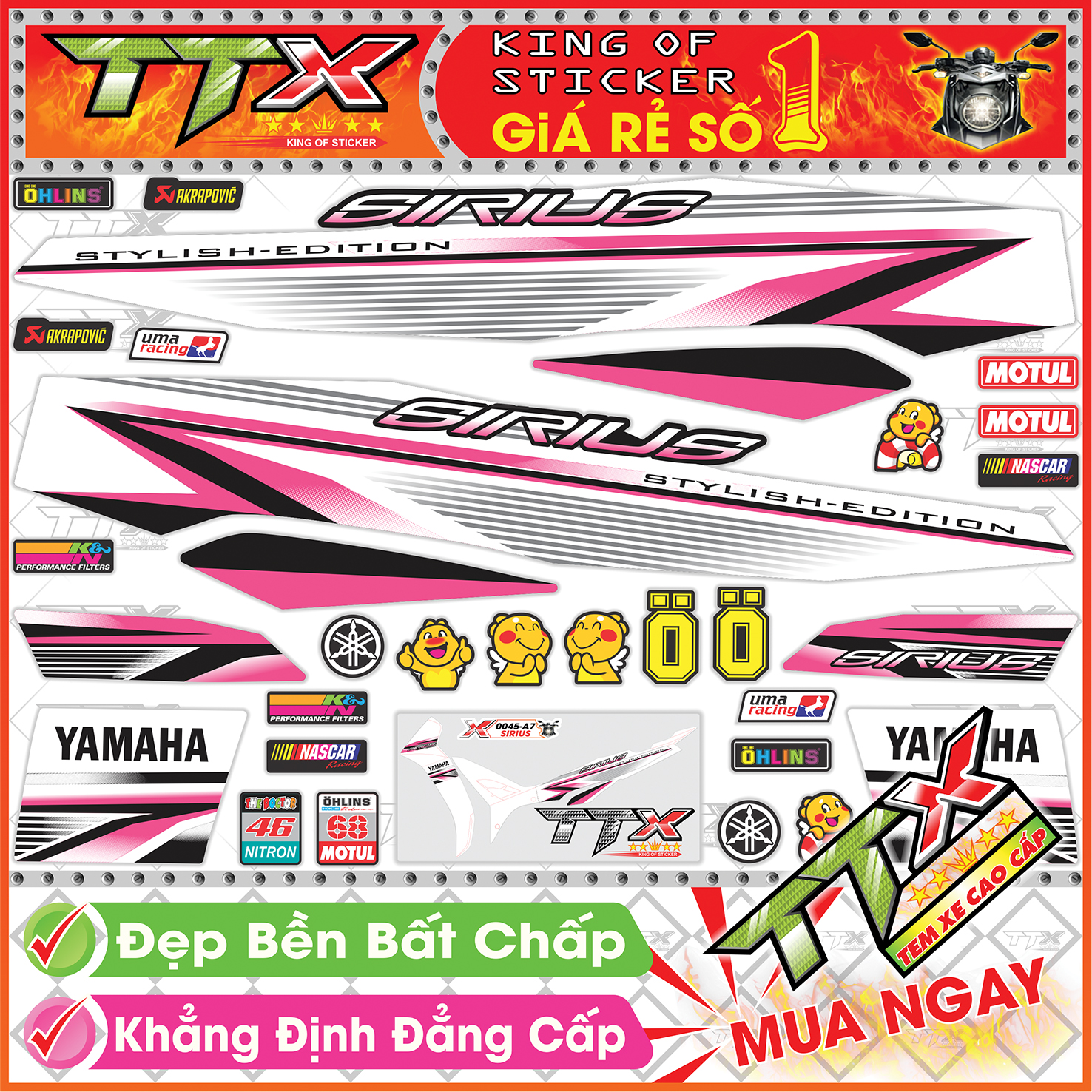 Tem Xe Sirius Chỉ Hồng Nền Trắng Xám - Tem Sirius Trắng Xám Viền Hồng Siêu Đẹp - Mẫu Team Sirius Hồng Trắng Xám