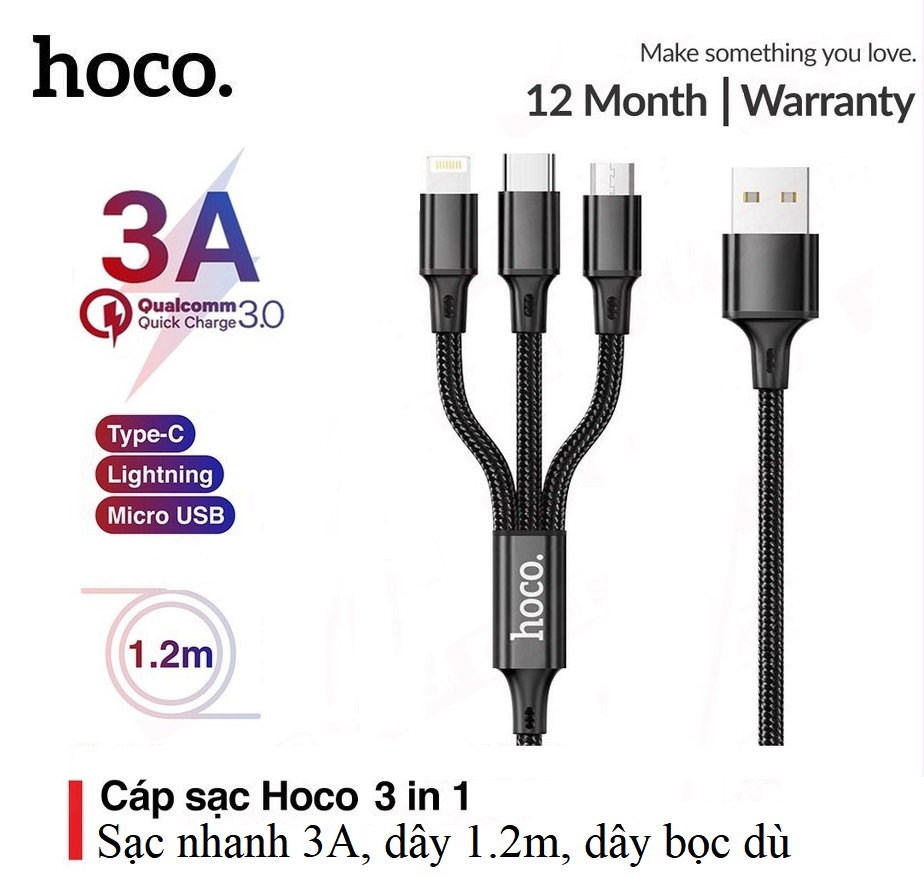 Cáp sạc đa năng 3 đầu Chính Hãng Hoco dây dù hỗ trợ tất cả các dòng điện thoại ( SIÊU BỀN )