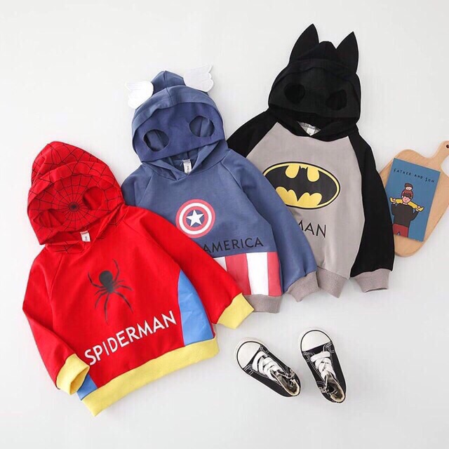 (hàng có sẵn) Áo nỉ siêu nhân SBAN cho bé mũ trùm đầu mặt nạ battman, nhện,... áo nỉ bé trai hoodie SBAN SBAN