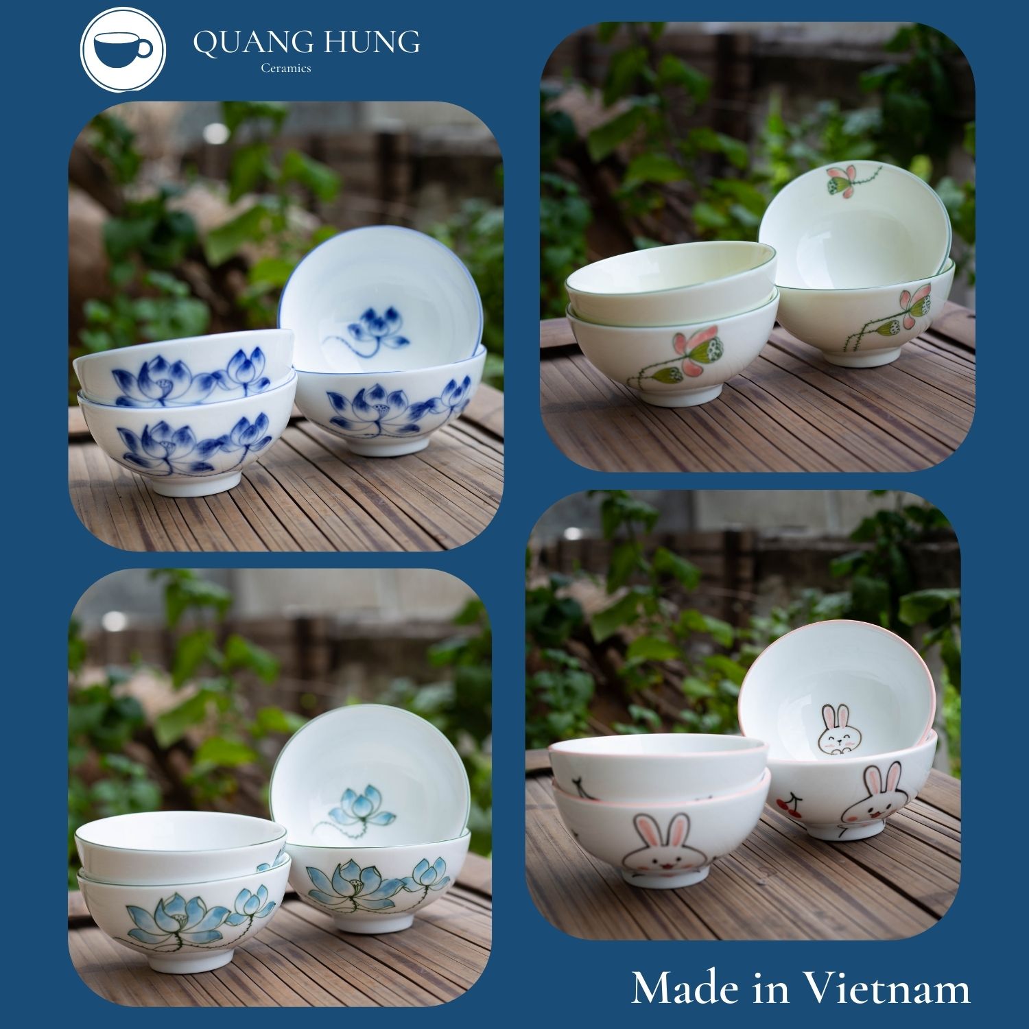 Bộ bát ăn cơm, chén ăn cơm bằng sứ, họa tiết vẽ tay thủ công, sản xuất tại Bát Tràng, Việt Nam