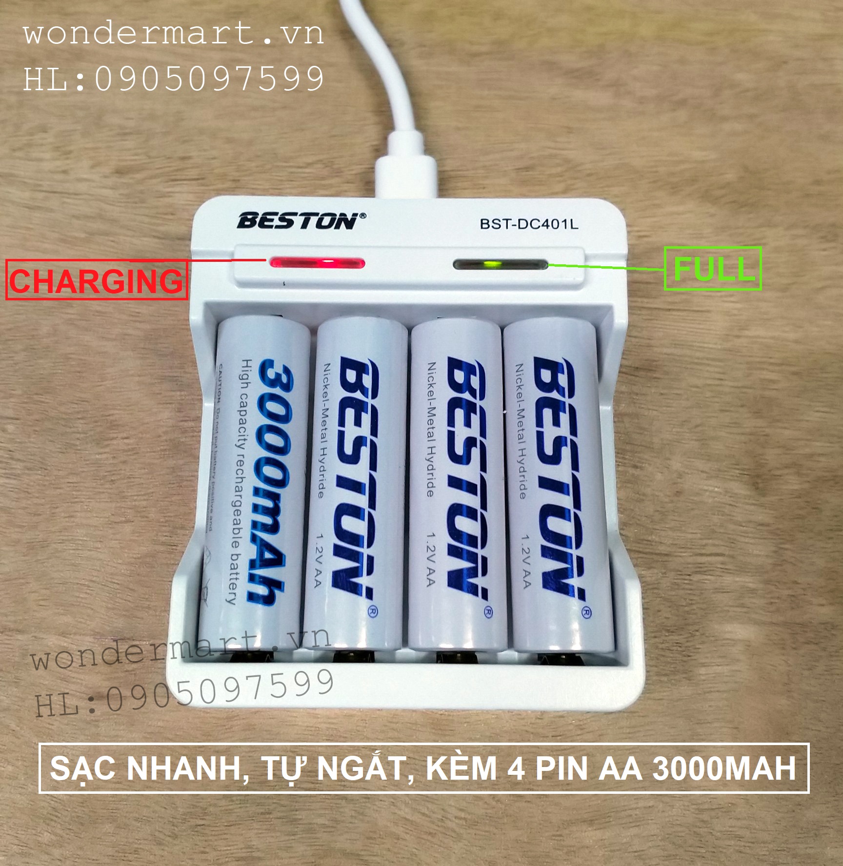 Bộ sạc pin AA, AAA Beston đầy tự ngắt kèm 4 pin AA 3000mAh