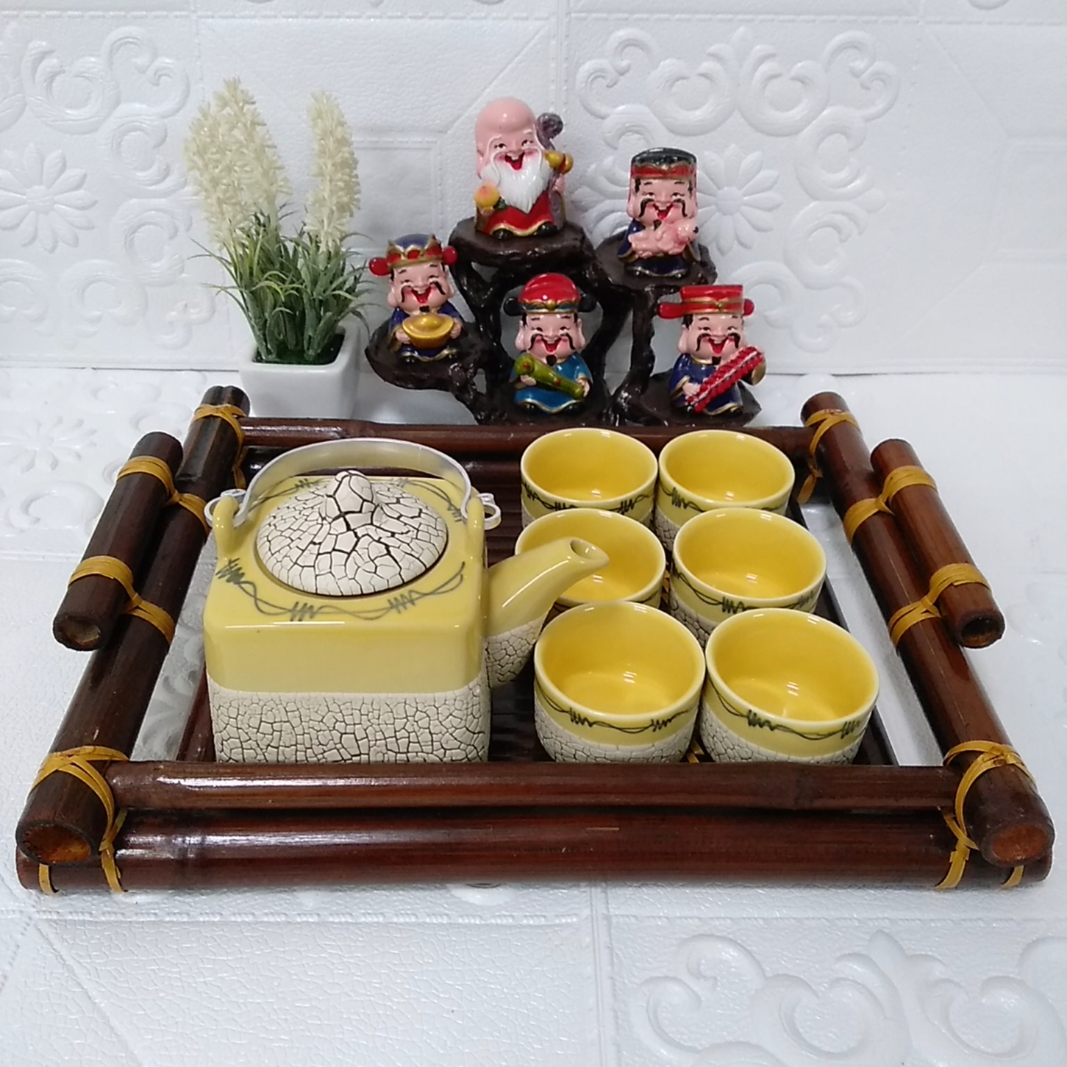 Bộ ấm chén men rạn bát tràng rv2 kèm khay tre cao cấp