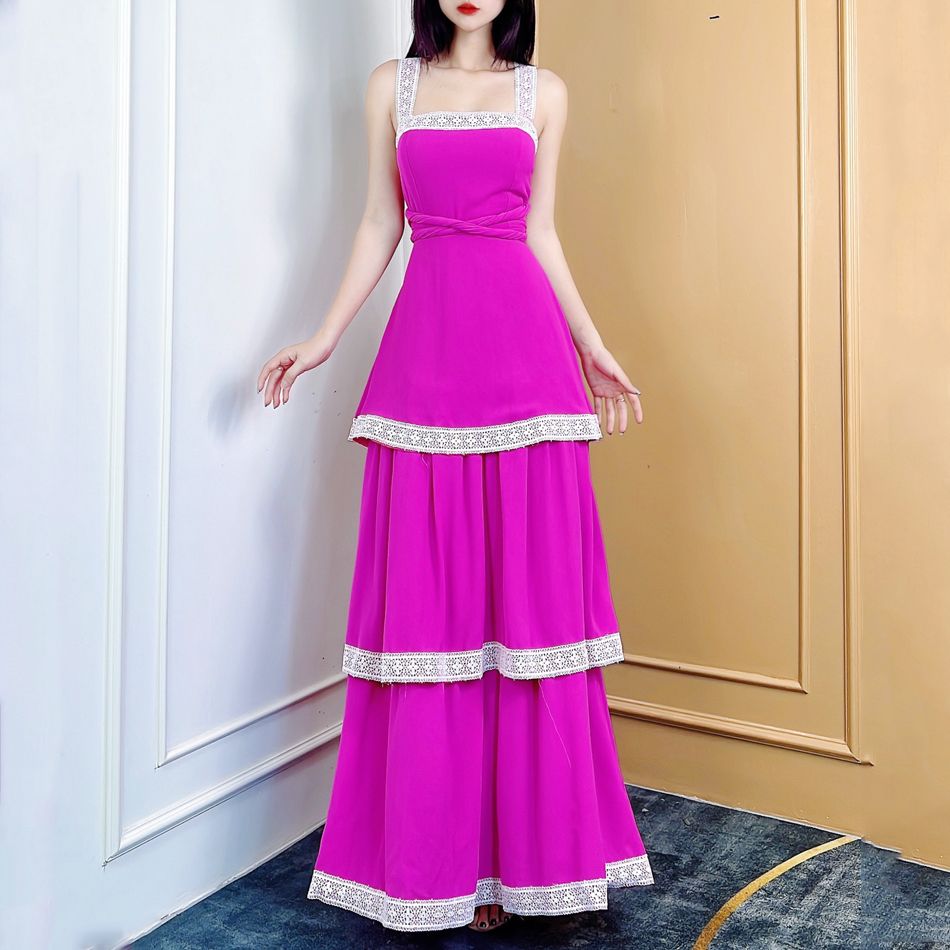 Đầm maxi nữ 2 dây trơn tầng viền ren mimix ck7250