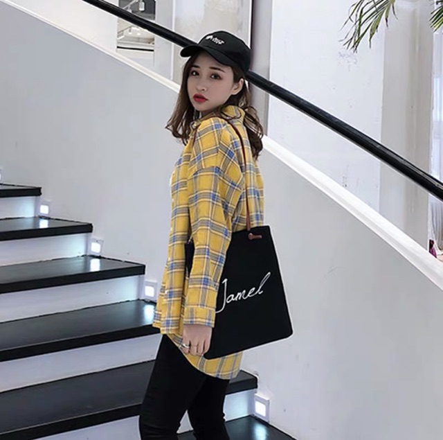 ( ẢNH THẬT) ÁO SƠ MI KẺ CARO MÀU VÀNG KẺ XANH THỜI TRANG HÀN QUỐC, AMELIA