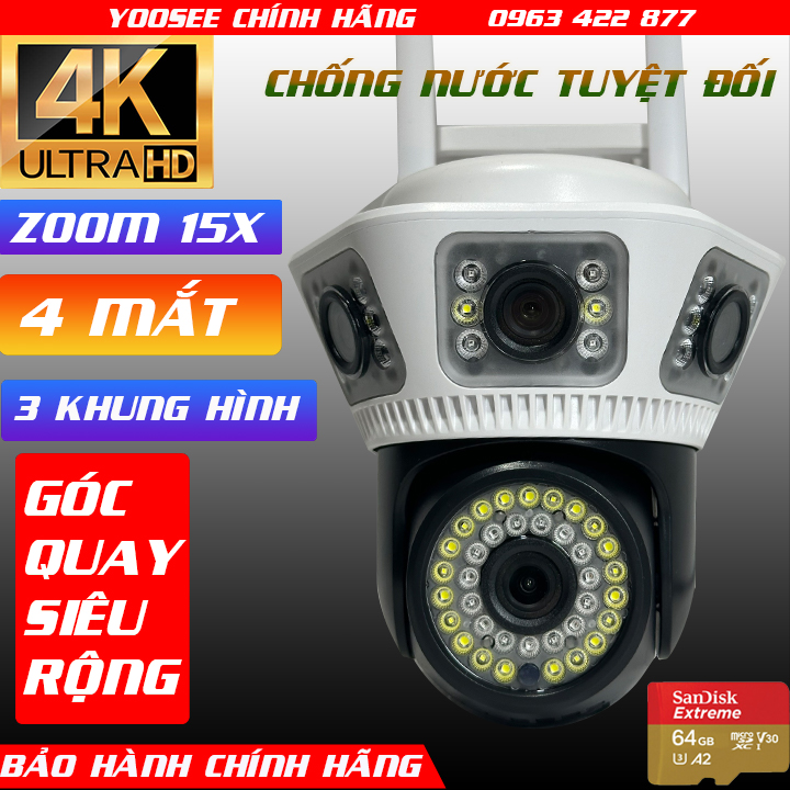 (Tặng thẻ xịn 64) CAMERA YOOSEE 4 MẮT, 3 KHUNG HÌNH, ZOOM 15X, ĐỘ PHÂN GIẢI 4K, CẢNH BÁO CHUYỂN ĐỘNG, XEM ĐÊM FULL MÀU