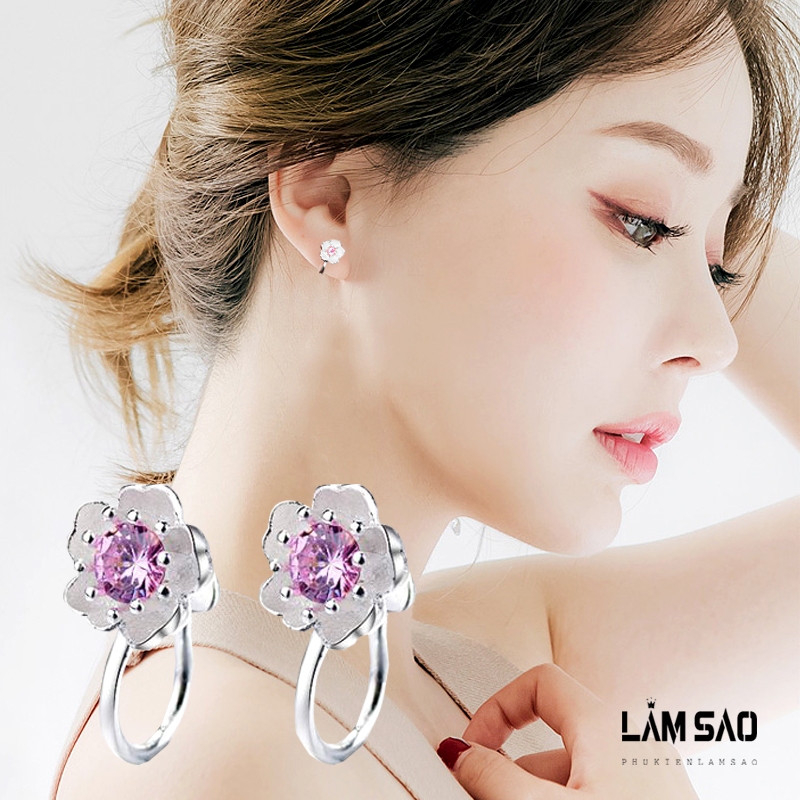 Bông Tai nữ Bạc 925 hoa đào nhụy hồng kẹp tai nhiều mẫu sang trong siêu xinh xắn phong cách hàn quốc - Lâm Sao