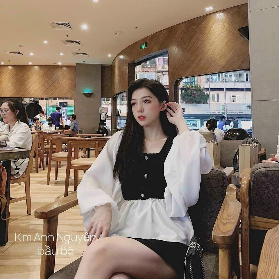 Áo Kiểu Hot Trend PELUM Khuy Nút Ngọc Phối Tay Đen Trắng Tiểu Thư  TTSA0730