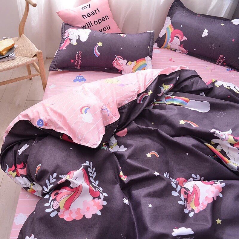 Bộ chăn ga gối phong cách Hàn Quốc nhân mã hồng  bo chun đủ kích thước, chất mềm mịn