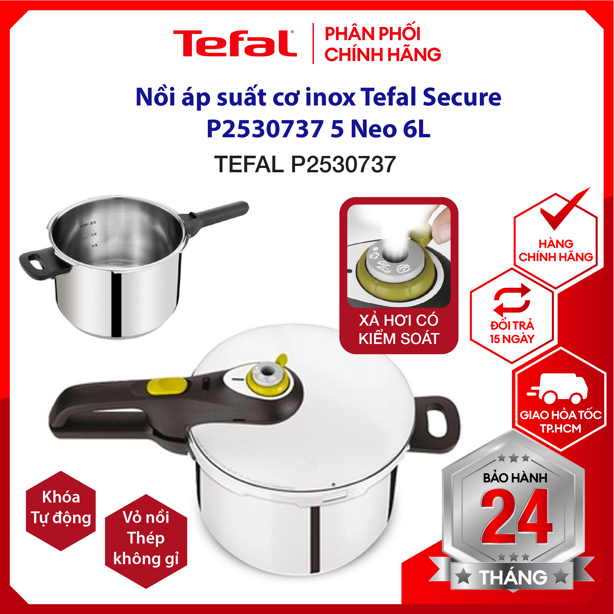 |HỎA TỐC 2H| Nồi áp suất, nồi áp suất đa năng Tefal 5 Neo 6L, P2530737, dung tích 6L, có báo nước khi sôi, khóa an toàn, van xả tự điều chỉnh, bảo hành 2 năm chính hãng