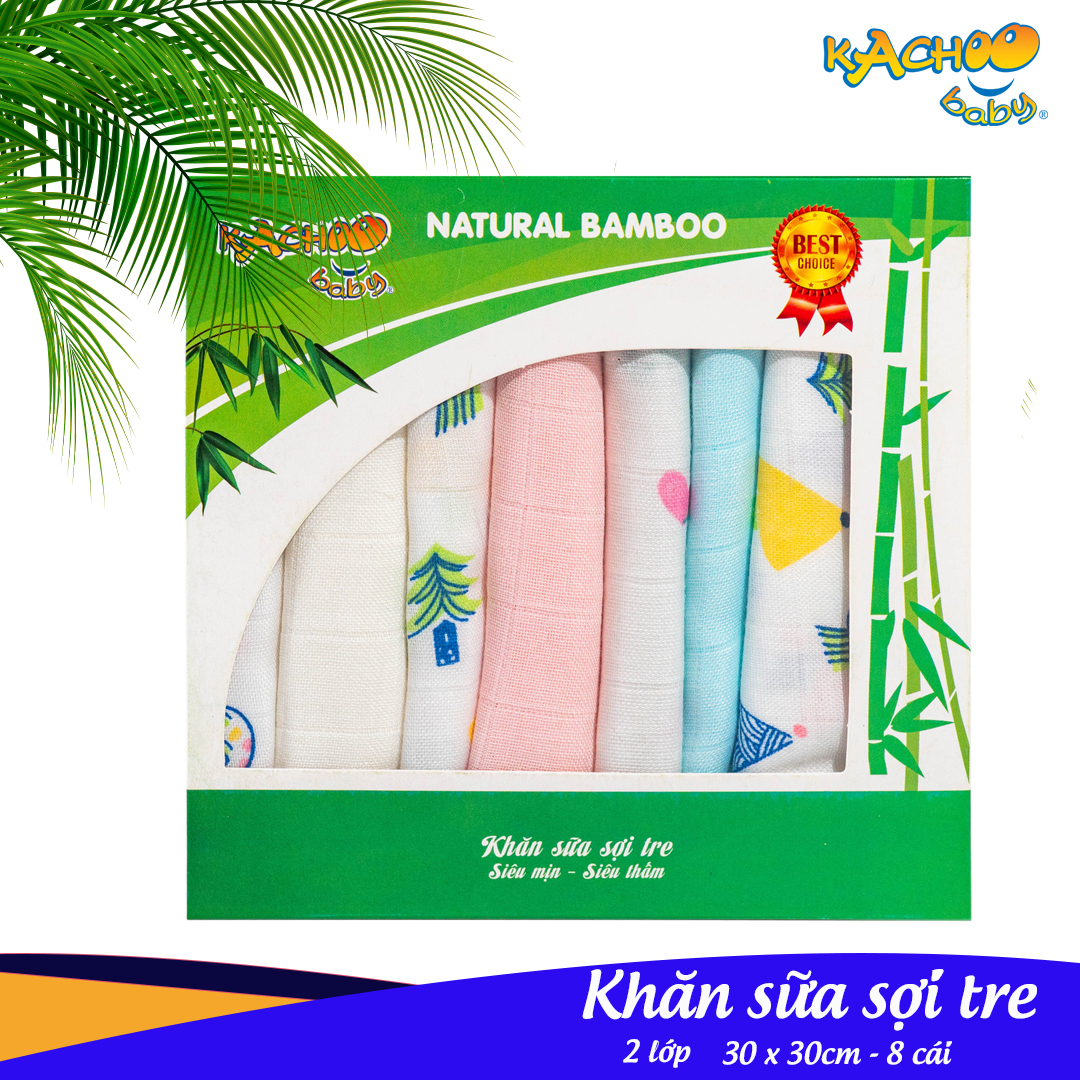 Hộp 8 khăn sữa sợi tre cho bé mềm mại thấm hút tốt thương hiệu KACHOO kích thước 30*30cm - 2 lớp
