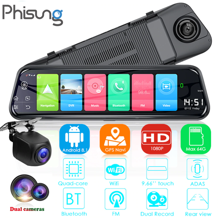 Camera hành trình xe hơi gương PHISUNG Z55, RAM 2GB