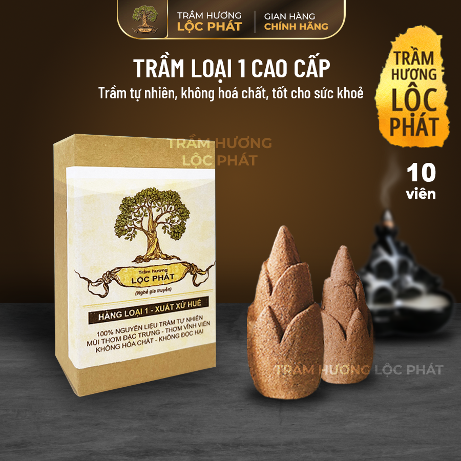 Nụ Trầm Hương Thác Khói Cao Cấp Trầm Hương Lộc Phát Trầm Tự Nhiên Loại 1 (hộp 10 viên)