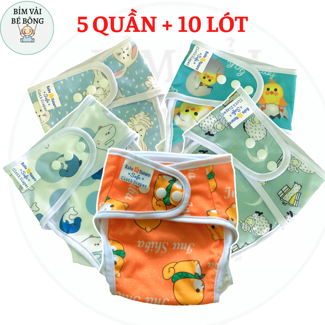 5 QUẦN+10 LÓT_Combo 5 Bộ Bỉm Vải, Tã Vải Babu Nature Chống Hăm, Chống Tràn, Có Thể Giặt Được Và Tái Sử Dụng, Size M,L, Được Chọn Mẫu