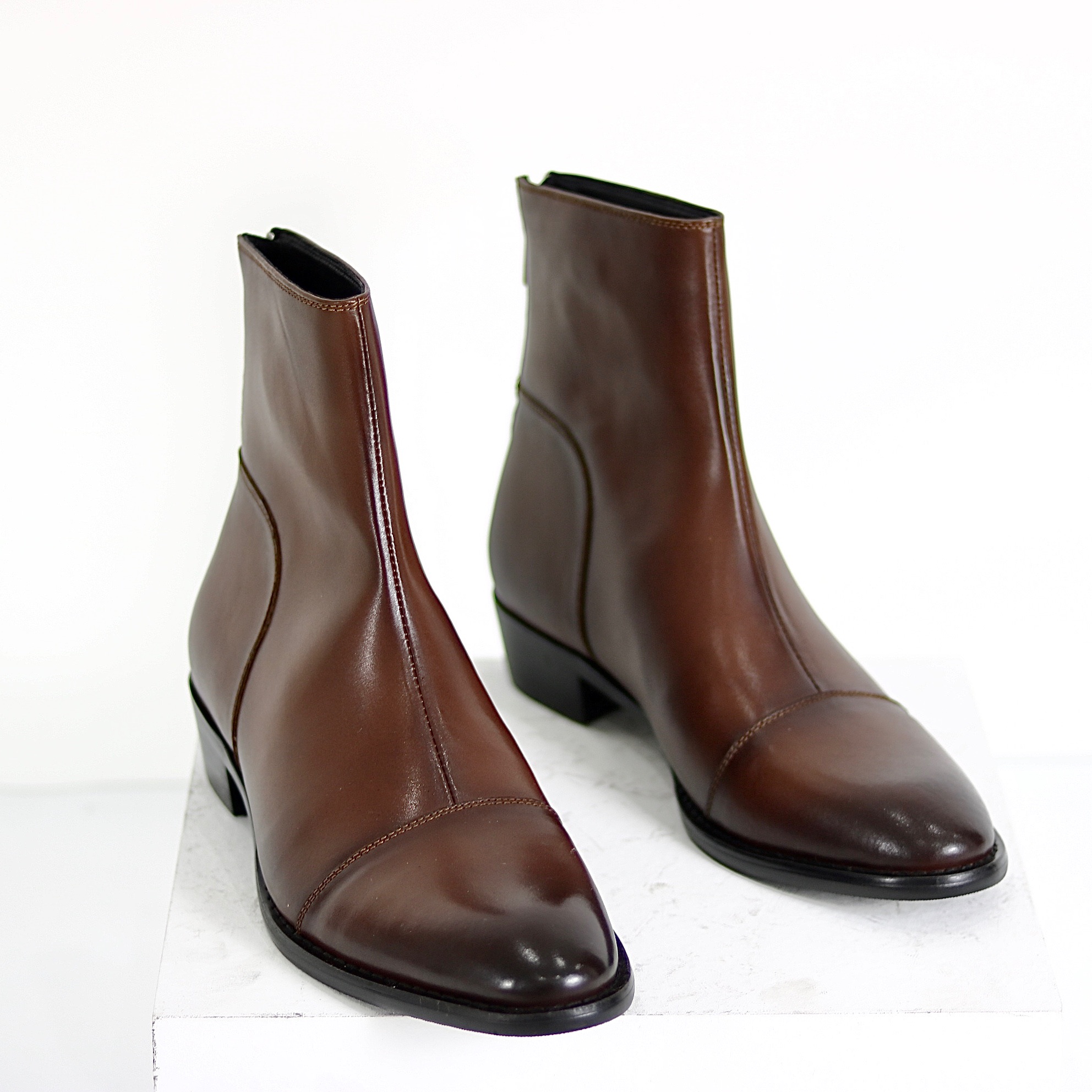 Giày nam Back Zip Boot Red Brown High Heel