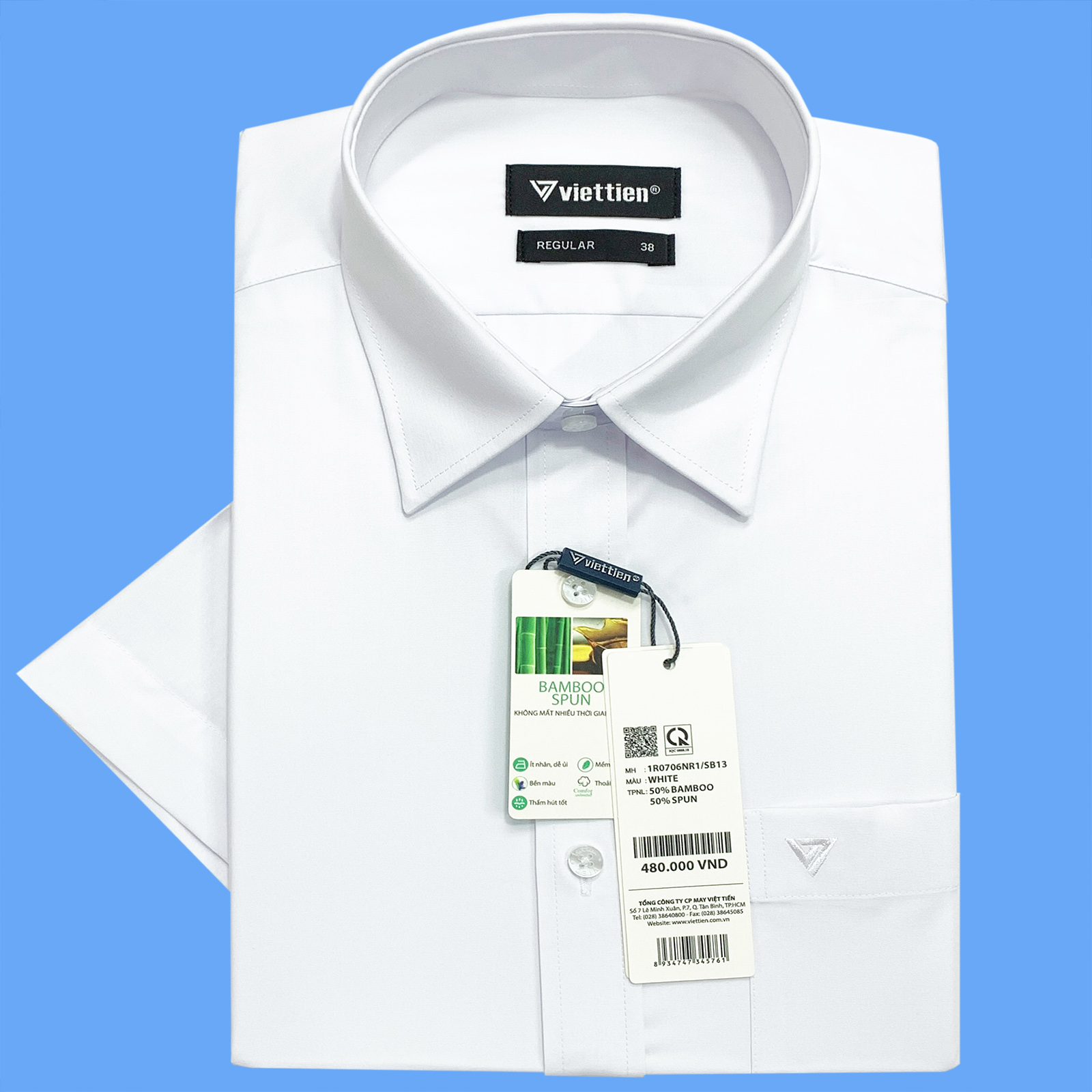 Viettien - Áo sơ mi nam ngắn tay màu trắng vạt bầu mới chất liệu Bamboo - Spun dáng regular rộng - Áo sơ mi nam công sở