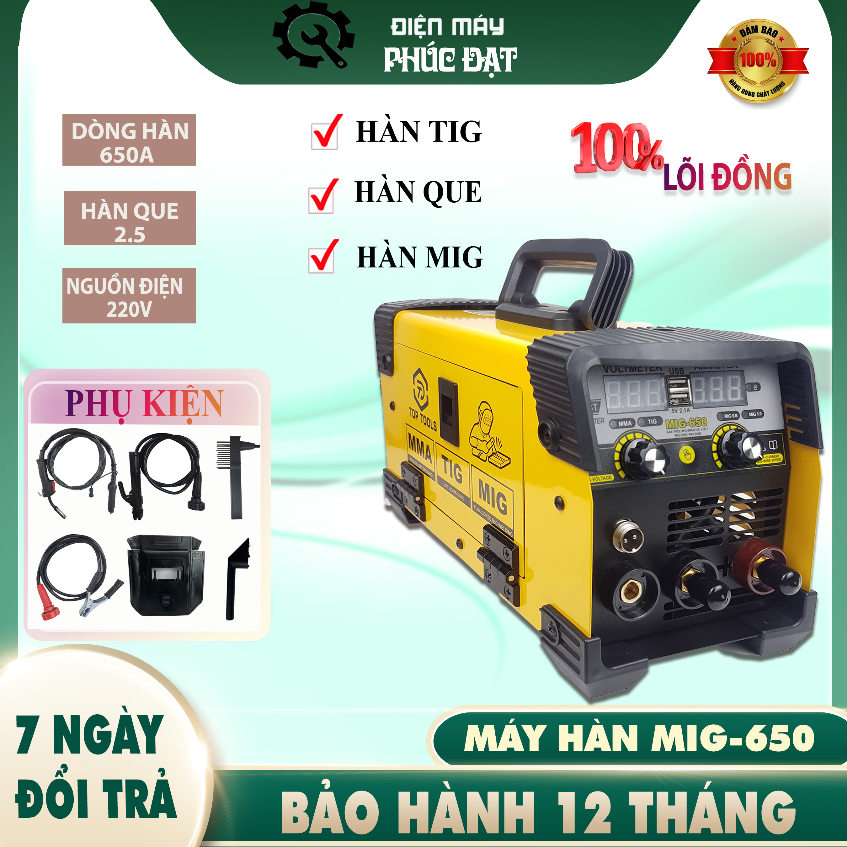 Máy hàn điện tử, máy hàn mig mig-650, máy hàn 3 chức năng: hàn que, hàn tig, hàn mig,