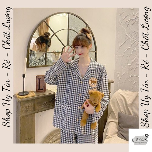 Đồ ngủ nữ bộ mặc nhà pijama kẻ dài tay kẻ ô vuông đen trắng hình gấu bear