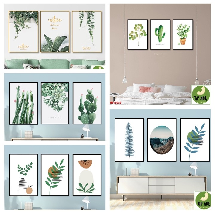 Tranh canvas lá cây cỡ đại có khung trang trí phòng khách, phòng ăn Tip Art KÈM QUÀ TẶNG GIẢM GIÁ KỊCH SÀN, Tranh phong cảnh thiên nhiên - Bộ 3 Tấm Tranh Treo Tường Lá Xanh Có khung - Tranh treo tường phòng ngủ, Tranh phòng khách