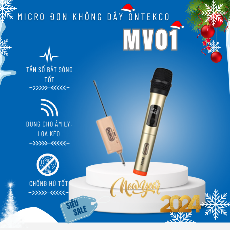 Trọn bộ Micro đơn không dây ONTEKCO MV01 màu vàng đen, hút âm mạnh, hát karaoke dùng cho mọi loa kéo, amply gia đình