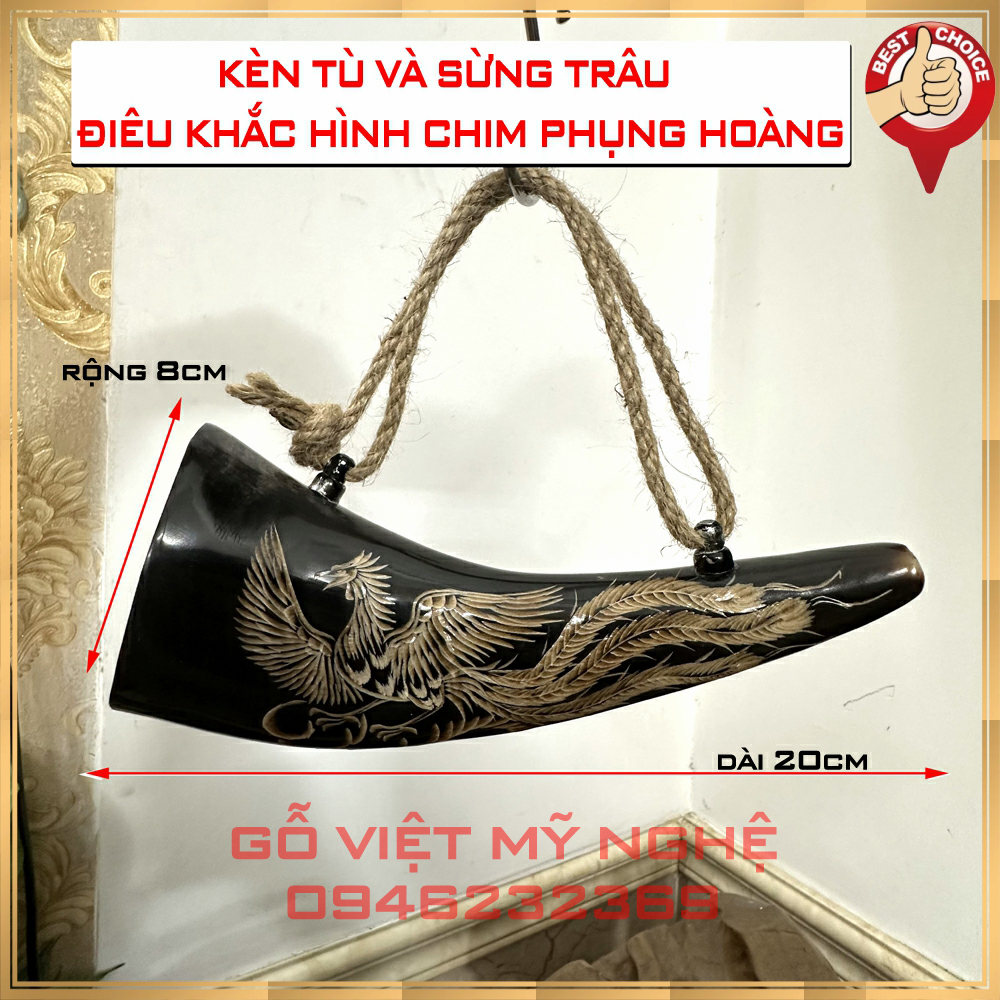 Kèn tù và sừng trâu đen - sừng trâu điêu khắc hình chim phụng hoàng - dài 20cm