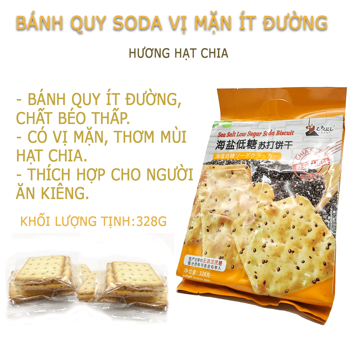 Bánh soda vị muối biển hạt chia - Bánh quy ăn kiêng - Bánh quy bơ lên men ít đường (328g). Click & Buy