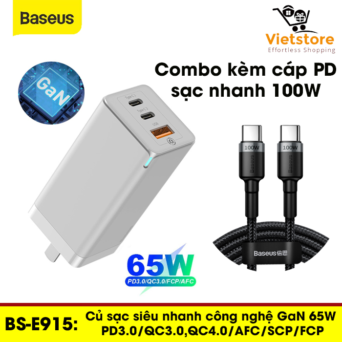 Bô Củ sạc cực mạnh siêu nhanh 65W BS-E915 ( Công nghệ GaN ) kèm cáp sạc nhanh PD 100W 1 cổng USB, 2 cổng Type-C Hỗ trợ QC 4.0, QC 3.0, PD 3.0 cho điện thoại Iphone 11 Pro, MacBook Pro, Samsung, Xiaomi, Huawei