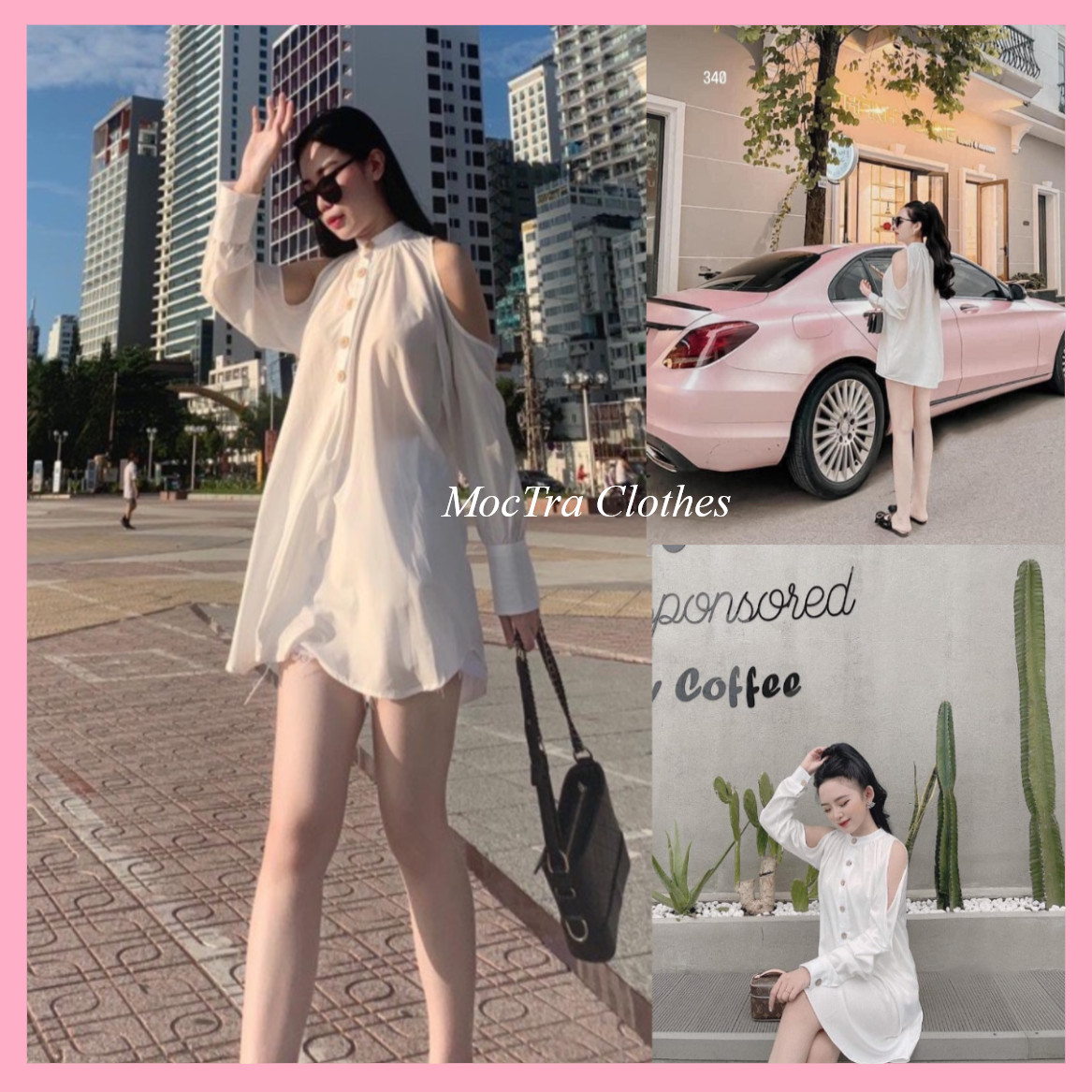 Áo váy sơ mi trắng lụa khoét vai tiểu thư dáng rộng thụng trùm mông siêu xinh, Váy suông nữ hở vai dự tiệc dáng giấu quần rẻ đẹp phù hợp đi dạo đi chơi đi biển