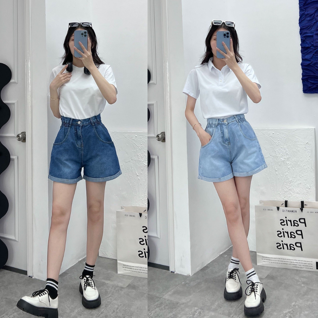 Quần short jean nữ eo nhún lai lật lưng cao phong cách hàn quốc